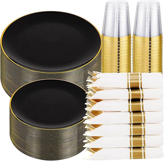 KIRE 350 PCS Plastic Dinnerware Set for 50 Guests - Black and Gold Plates 50 for Dinner 50 for Dessert & 50 Pre Rolled Napkins with Disposable Silverware 50 Cups for Graduation/Banquet/Wedding