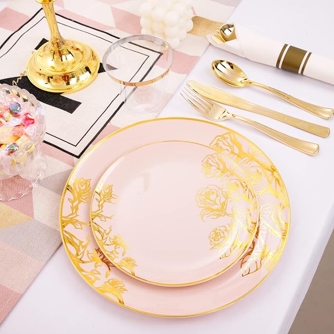 DaYammi 210Pcs Pink Gold Plastic Plates Floral Plates,Pink Disposable Dinnerware Set Includes 60 pink Plate,30 gold Plastic Silverware,30 Per Rolled Napkins,30 Cups,Party plates for Mother's Day Party