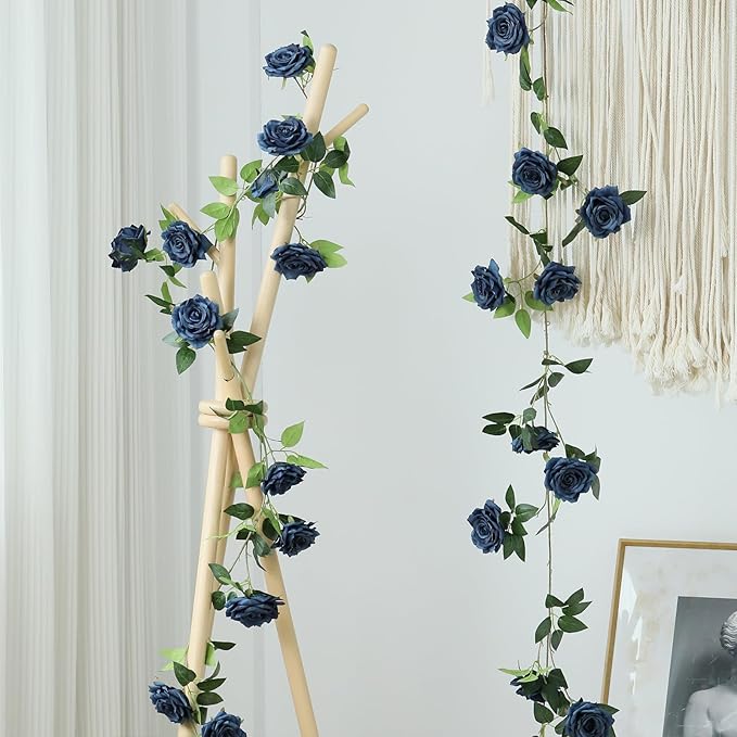 dallisten 2 Strands 73'' Artificial Silk Rose Flower Vines Garland, Fake Roses Floral Green Leaves Hanging Plant for Wedding Arrangement Decoration, Wall, Party, Bedroom, Home Decor (Blue)