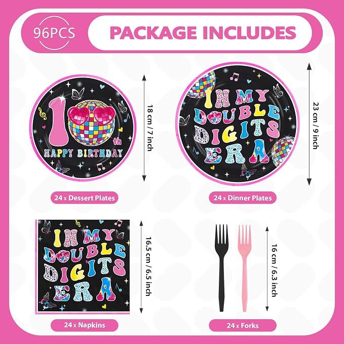 96Pcs 10th Birthday Party Decoration In My Double Digits Era Plates and Napkins Double Digits Tableware Set for Girls’ 10-Year-Old Birthday Party Supplies, Serves 24