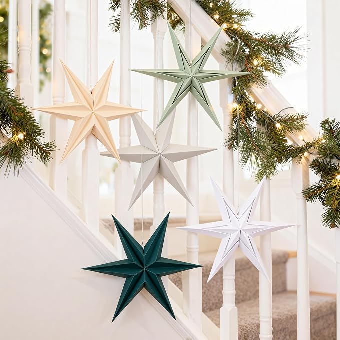 Paper Stars Christmas Party Decorations, 5PCS 6-Pointed Paper Star Hanging Decoration Set Holiday Decor Stars Shape Landerne for Birthday Party Tree Xmas Home Decor