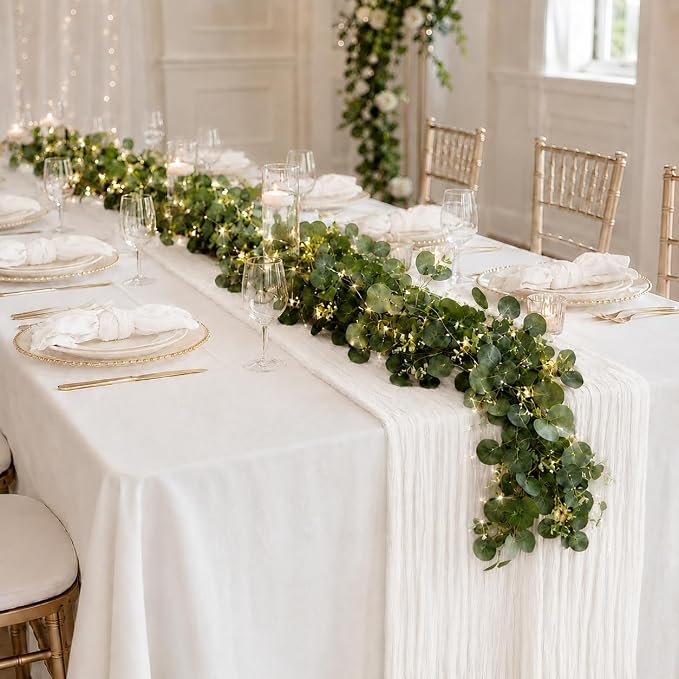 Cinrobiye 11pcs Cheesecloth Table Runner Set 120 Inch – Gauze Table Runner with Napkins, Eucalyptus Garland & String Lights for Wedding Baby Shower Table Decor, Rustic Boho