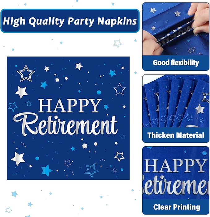 Qyeahkj 50 Guests Retirement Plates and Napkins Party Supplies Happy Retirement Party Decorations Disposable Tableware Set Sliver Blue Dinnerware Favor for Women Men Graduations Theme Party, 200PCS