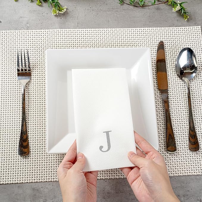 Luxenap 15.8 X 7.9 Inch Linen-Feel Guest Towels, 2000 Lettered Hand Towels - Silver Letter 'J', Sans Serif Font, White Paper Dinner Napkins, airlaid, For Restrooms And Tables - Restaurantware