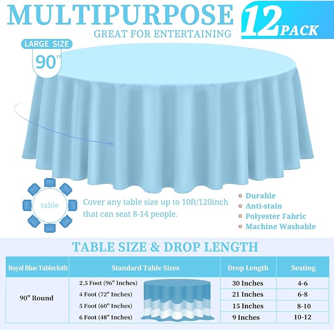 Showgeous 12 Pack Light Blue Round Tablecloth 90 Inch Polyester Table Cloth for Round Tables Washable Decorative Fabric Table Covers for Wedding Dining Party