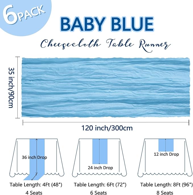 6 Pack Baby Blue Cheesecloth Table Runner 10Ft Spring Gauze Cheese Cloth Table Runner 35x120 Inch Boho Sheer Rustic Fabric Runner for Party Decor Baby Shower Wedding Decorations