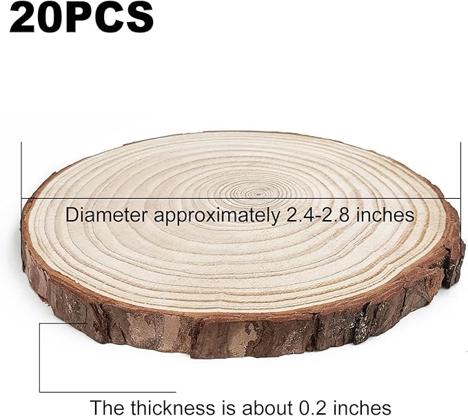 20Pcs Large Unfinished Wood Slices for Centerpieces,Wood Centerpieces for Tables,DIY Round Wooden Discs with Tree Bark for Holiday Ornaments,Rustic Wedding (2.4-2.8in)