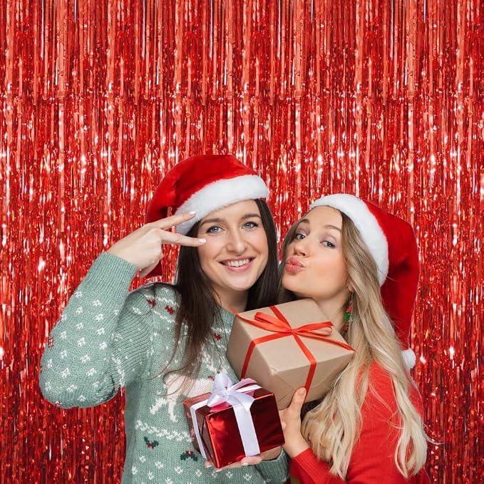 GOER 3.2 ft x 9.8 ft Metallic Tinsel Foil Fringe Curtains Party Photo Backdrop Party Streamers for Birthday,Graduation,New Year Eve Decorations Wedding Decor (4 Packs,Red)