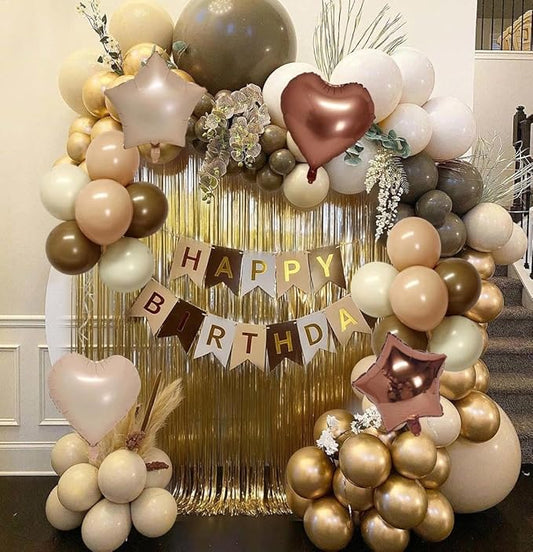 Brown Birthday Balloon Kit,Brown Apricot White Balloons Happy Birthday Banner Fringe Curtains Heart and Star Foil Balloon for Baby Shower Bear Boho Party Decoration