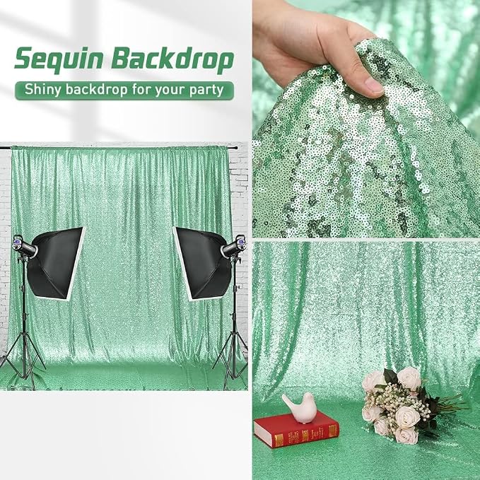 Eternal Beauty Mint Green Sequin Backdrop, 20x10 Ft Glitter Background Curtains for Shimmer Photography Party Wedding Birthday Back Drop Decor