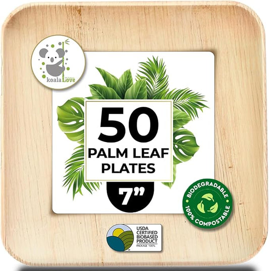 Palm Leaf Plates Bamboo Plates Disposable 7 Inch 50 Bulk and Dinner Square Party Pack Eco Biodegradable Compostable Wooden Plate Better Than Plastic By KoalaLove