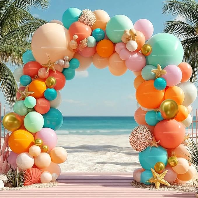 Pinbra Pastel Balloons Garland Kit Coral Pink Teal Blue Balloons Double Stuffed Light Green Orange Gold Metallic Latex Arch for Tropical Hawaii Luau Birthday Baby Shower Easter Party Decorations