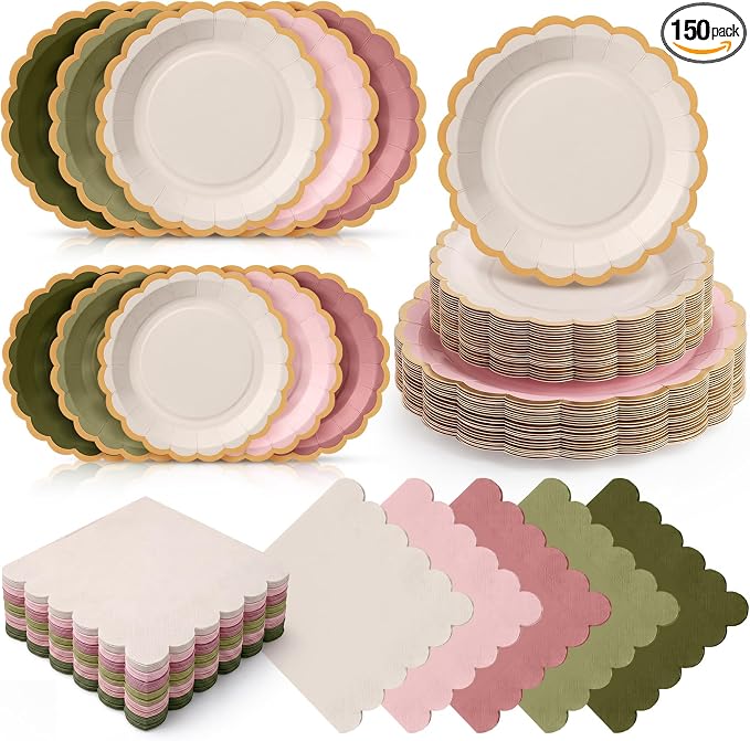 Zhehao 150 Pcs Matcha Plates and Napkins Tableware Serves 50 Includes 9 Inch 7 Inch Dusty Pink and Green Scalloped Wave Edges Paper Plate and Napkins for Wedding Birthday Baby Shower Party