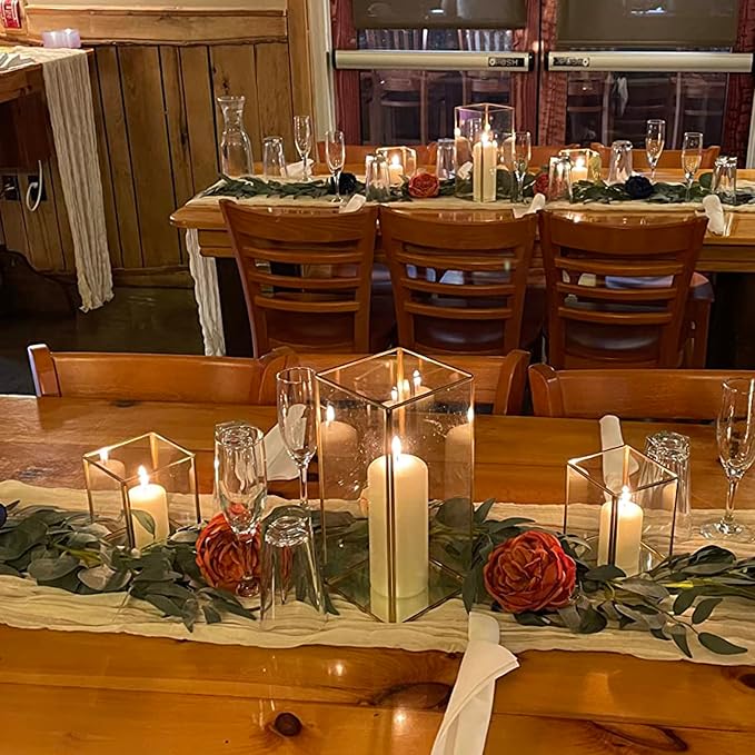 Hewory Glass Hurricane Candle Holder Set of 6, Gold Large Hurricane Centerpiece for Table, Tall Floor Square Pillar Candle Holders Lantern Set for Wedding, Anniversary, Party, Fireplace, Dining Room