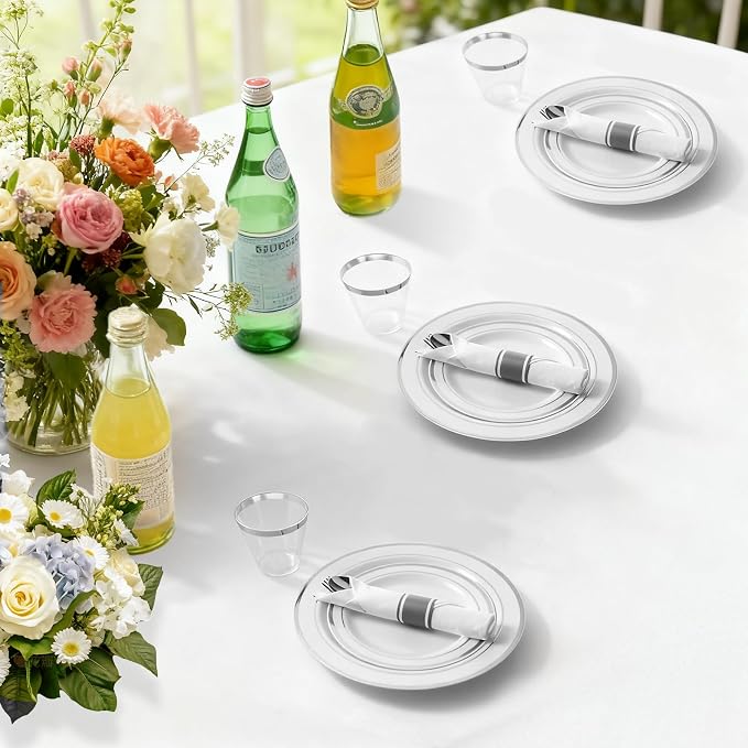 M MCIRCO ﻿175 Piece Silver Dinnerware Set,25 Silver Rim Plastic Plates, 25 Cups,25 Pre Rolled Napkins with Plastic Silverware, Disposable Dinnerware Set for 25 Guest