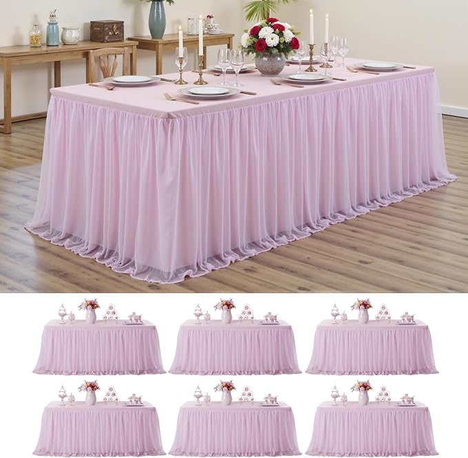 6-Pack Pink Tulle Tablecloth for 6 Ft Rectangle Tables – Elastic Spandex Table Cover with Tutu Skirt, Wrinkle Free for Wedding, Birthday Party, Banquet Buffet, Craft fairs