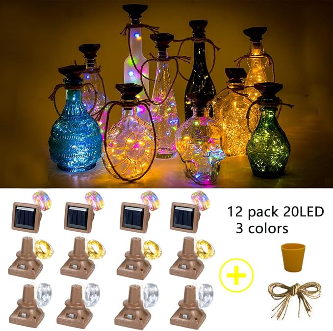 Solar Wine Bottle Lights 12 Pack 20LED Outdoor Waterproof Multicolor Fairy Light String (3 Colors), Suitable for Most Wine Bottle Mouths, for Garden, Terrace, Party Decoration