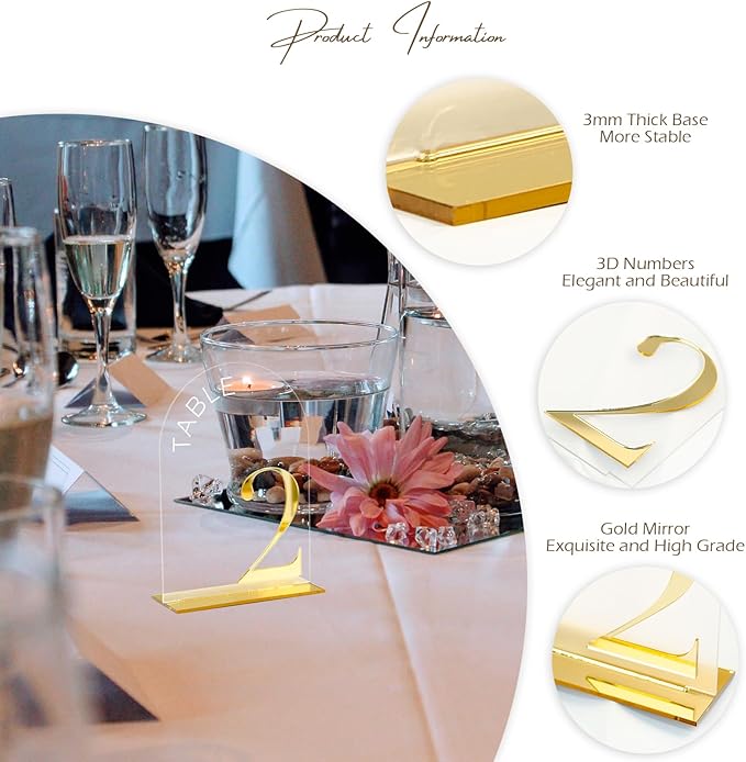 Arch Wedding Table Numbers 1-20 with Stand, 20 Pack 5x7 Inch Clear Arch Acrylic Sign with Gold Number, Clear and Gold Acrylic Table Numbers for Wedding Reception