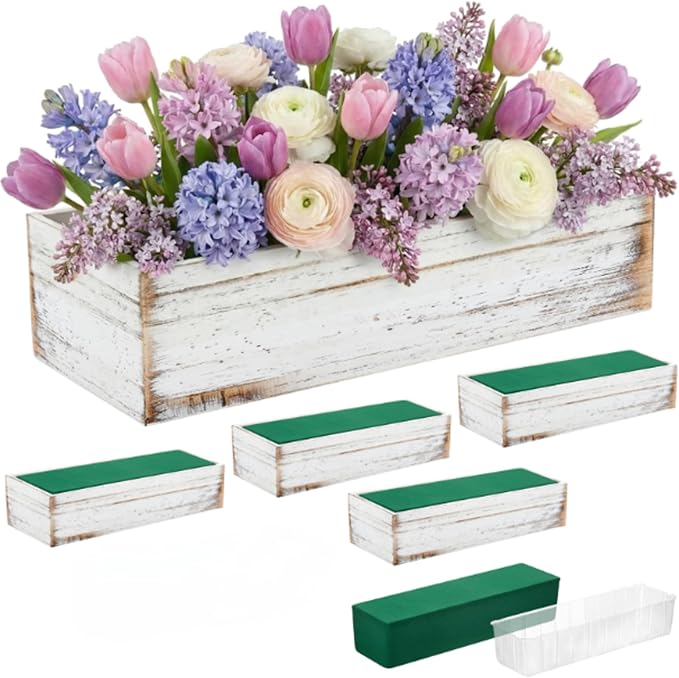 Dandat 5 Set Wood Boxes for Centerpieces 16x4 Inch Rectangle Wooden Planter Box Rustic Wooden Planters with Removable Plastic Liner Floral Foam Blocks for Christmas Wedding Home Garden Decor(White)
