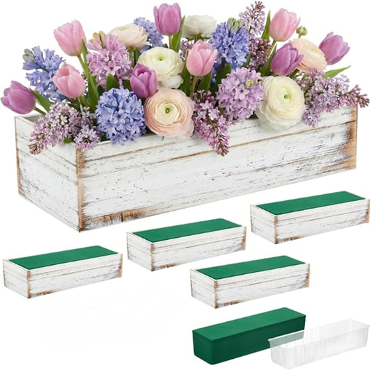 Dandat 5 Set Wood Boxes for Centerpieces 16x4 Inch Rectangle Wooden Planter Box Rustic Wooden Planters with Removable Plastic Liner Floral Foam Blocks for Christmas Wedding Home Garden Decor(White)
