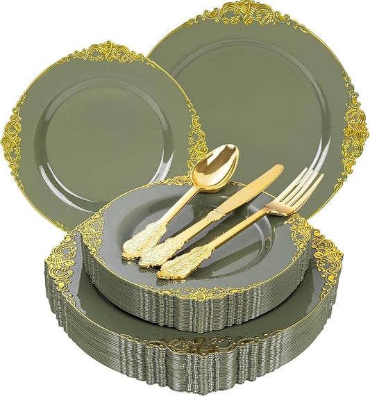 125PCS Olive Green Plastic Plates - Green and Gold Disposable Plates - Vintage Plate with Gold Plastic Silverware Sets for 25 Guests for Wedding & Party & Spring Party