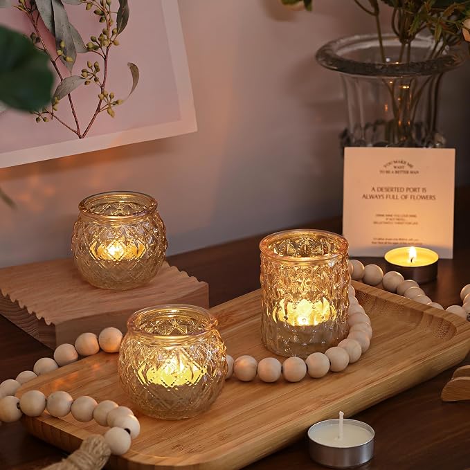 DARJEN 12Pcs Gold Votive Candle Holders - Glass Candle Holder for Table Centerpiece, Tea Light Candle Holders Glass for Wedding Shower, Home & Tea Party Decor