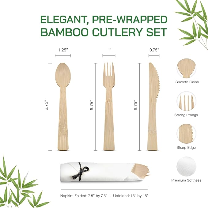 Black Bamboo Silverware Set 25 Pack, Prerolled Cutlery with Black String Napkin Bundle, Disposable Bamboo Utensils for Weddings, Parties and Events (Fork Knife Spoon)