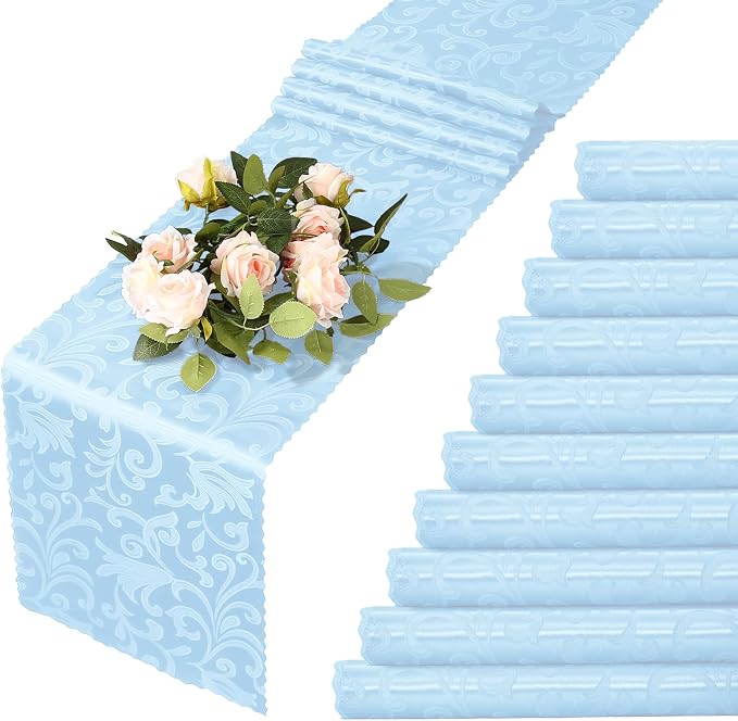 MILVOWOC 12 Pack Light Blue Satin Table Runner, 12 x 72 Inch Jacquard Damask Rectangle Bright Silky Decorative Table Runner for Party Banquet Birthday Dinner Wedding Table Decor