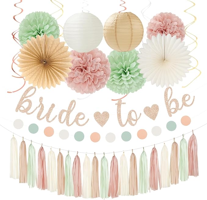 Sage-Green Pink-Beige Bridal-Shower Party-Decorations - 36pcs Bride to Be Banner,Bachelorette Paper Lanterns,Neutral Wedding Streamers Garland,Boho Tissue Pom Poms Flower Fan Decor Supplies Burgleda