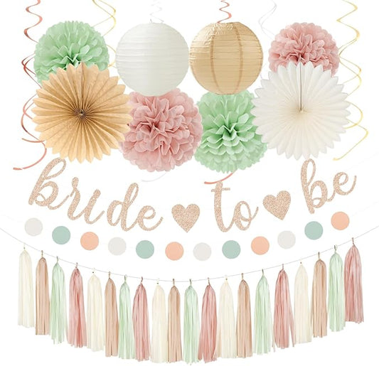 Sage-Green Pink-Beige Bridal-Shower Party-Decorations - 36pcs Bride to Be Banner,Bachelorette Paper Lanterns,Neutral Wedding Streamers Garland,Boho Tissue Pom Poms Flower Fan Decor Supplies Burgleda