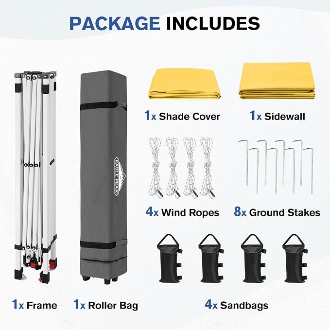 EAGLE PEAK Commercial Canopy 10x10 Pop Up Canopy Tent with 1 Sidewall, Easy Setup Heavy Duty Instant Event Shelter for Vendors & Markets, Outdoor Sun Shade, Yellow