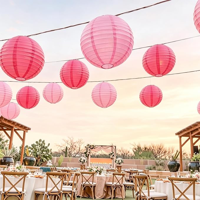 20Pcs Paper Lanterns Decorative, Hot Pink Round Hanging Paper Lanterns Decorations for Rustic Party Bridal Shower Wedding Birthday Home Decor