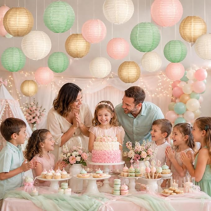 ADLGG 21 Pcs Paper Lanterns Decorative Sets - Sage Green, Pink, Brown Round Hanging Lanterns for Greduation, Woodland Birthday, Neutral Baby Shower, Boho Bridal Shower, Rustic Wedding Party Decor