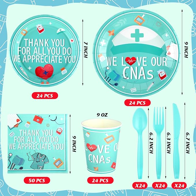 Mimorou 194 Pcs CNA Nursing Graduation Decorations Nurse Week Disposable Paper Tableware Set Happy CNA Week Party Supplies with Plates Cups Napkins for Nursing Assistant Party Supplies, Serve 24