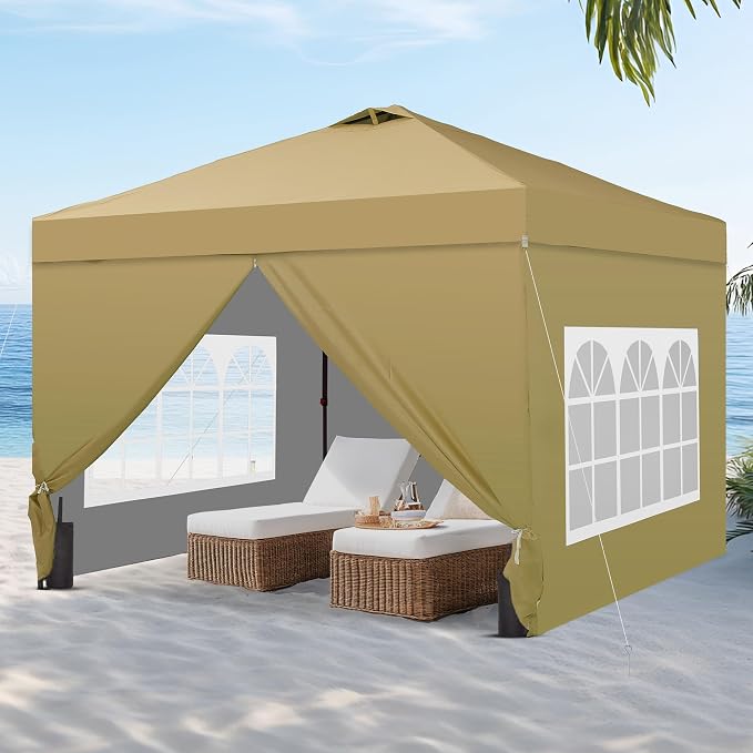 GDY 10'x10' Pop Up Canopy Tent, Portable Gazebo, Easy Up Outdoor Canopy for Events, Parties, Camping, Brown.