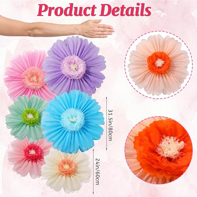 Giegxin 6 Pcs 31.5" 24" Giant Colorful Paper Flower Wonderland Fancy Tissue Flowers for Wall Decoration Pink Blue Purple Large Mexican Crepe Flower for Fiesta Wedding Birthday Classroom Bridal Shower