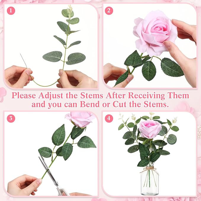 10 Set Vases Glass Centerpiece for Table 10 Small Clear Glass Vases 10 Artificial Roses 30 Leaves with Rope Flower Centerpieces for Wedding Arrangement Party Home Decoration (Pink)