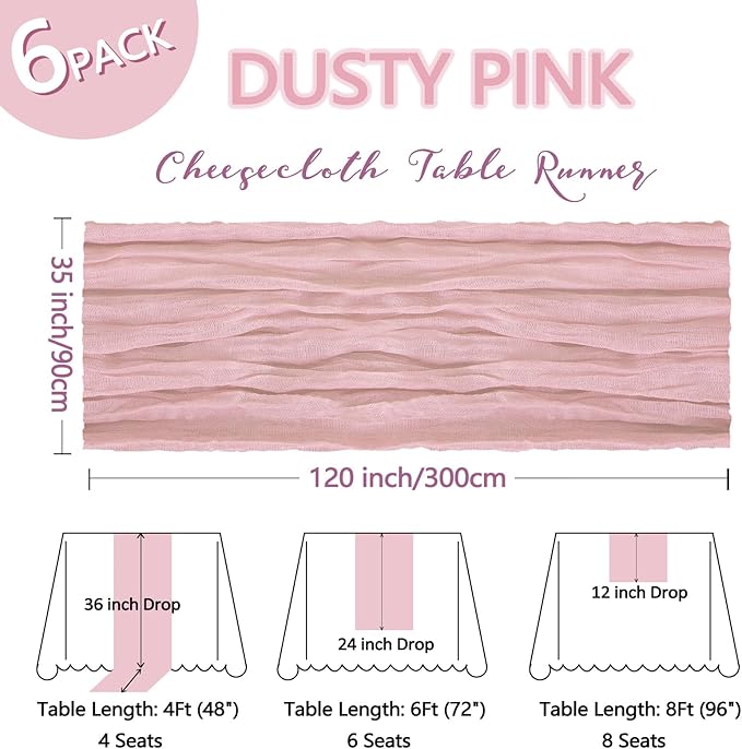 6 Pack Dusty Pink Table Runner Cheesecloth 10Ft Spring Gauze Cheese Cloth Table Runner 35x120 Inch Boho Sheer Rustic Fabric for Holiday Party Decor Baby Shower Wedding Decoration
