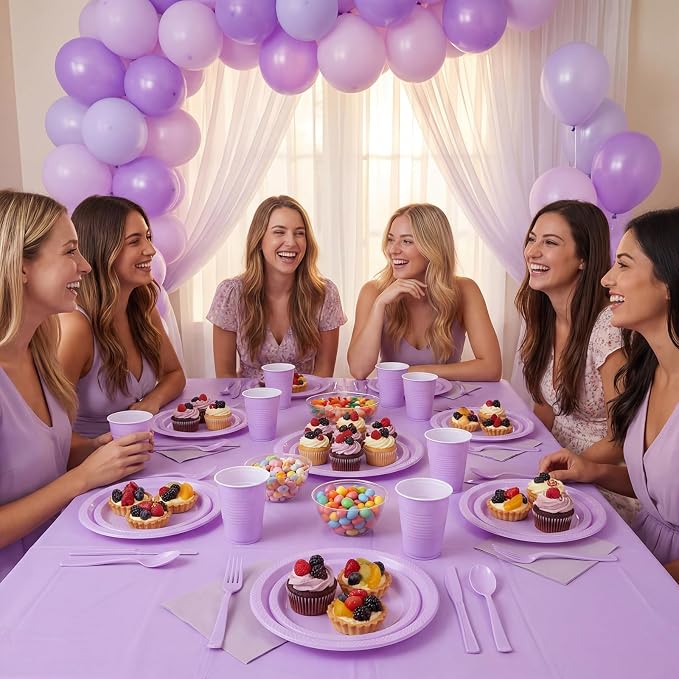 352 Pcs Lilac Plastic Plates Party Set, 50 Guests Disposable Dinnerware Set with Light Purple Tablecloths, Soft Lilac Plastic Plates Party Set for Baby Shower/Bridal Shower/Tea Party/Spring Event