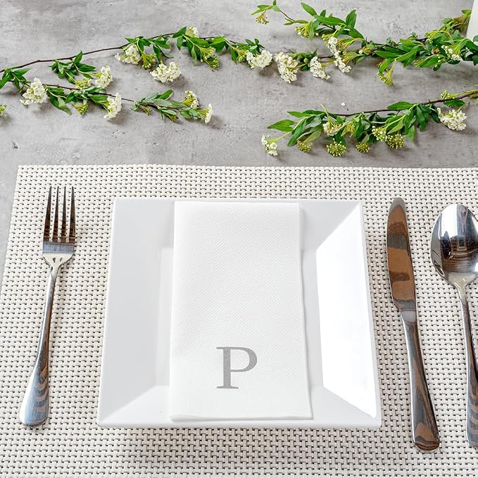 Luxenap 15.8 X 7.9 Inch Linen-Feel Guest Towels, 50 Lettered Hand Towels - Silver Letter 'P', Sans Serif Font, White Paper Dinner Napkins, airlaid, For Restrooms And Tables - Restaurantware