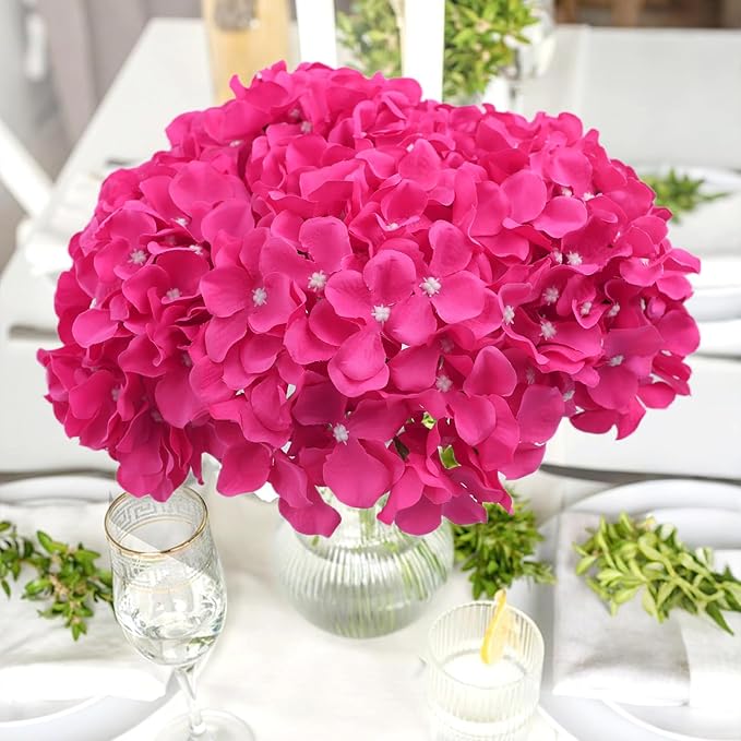 AVIVIHO 10pcs Hot Pink Fake Flowers Hydrangea Artificial Flowers Bulk (Not Squished, No Steaming Need) Silk Flowers with Stems for Wedding Decor,Home,Baby Shower,Table Centerpieces Decoration