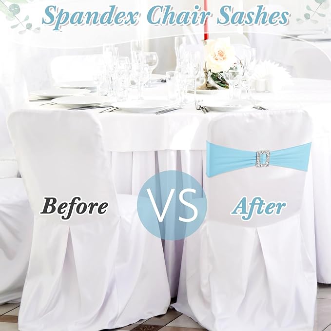 VitalCozy 150 Pcs Spandex Chair Sashes with Square Buckle Slider Stretch Chair Cover Band Universal Elastic Ties Straps Bows for Wedding Banquet Event Party Decoration(Blue)