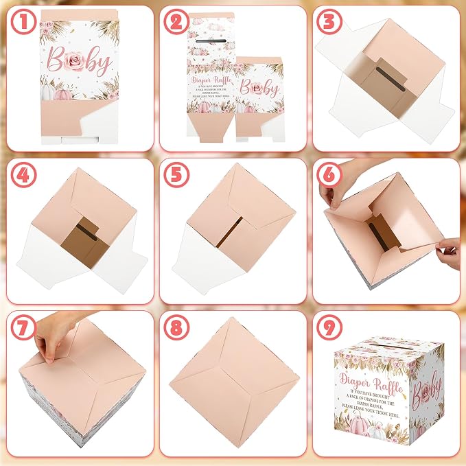 Teling 51 Pieces Diaper Raffle Tickets with Card Box Baby Shower Decorations Baby Shower Holder Box for Girl Boy Diaper Raffle Party(Boho Pumpkin)