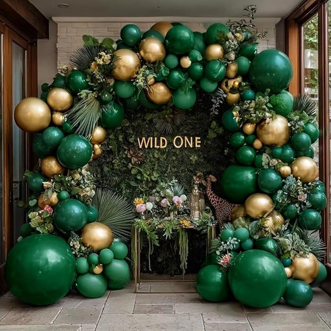 Emerald Green Gold Balloons Garland Double Stuffed Dark Green Gold Balloons Hunter Forest Metallic Arch Kit for Birthday Baby Shower Jungle Graduation Prom Party Decorations