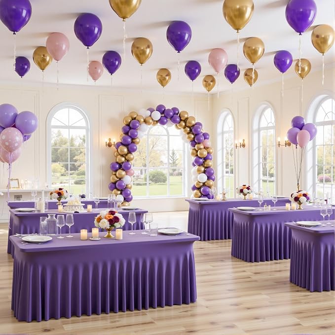 6 Pack Purple Spandex Tablecloths for 6 Foot Rectangle Tables, Wrinkle Free Stretchy Table Cloths 6ft Fitted Table Cover DeskSkirt for Weddings Birthday Party Banquet Baby Shower
