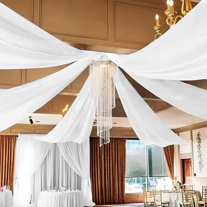 DUOBAO Sheer Voile Chiffon Fabric Draping Chiffon Ceiling Drapes 30ft, 6 Pieces White Wedding Ceiling Drapes Use for Backdrop Curtain - Wedding and Special Events - SnowWhite, 5x30feet