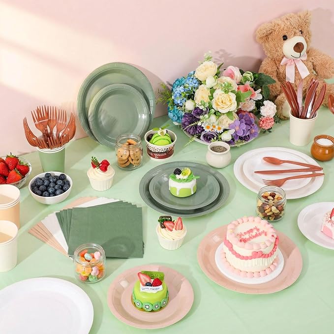 Mimorou 177 Pcs Woodland Plates and Napkins Set Serves 25 Guests Gradient Green and Brown Tablecloth Plates Cup and Napkins Tableware for Forest Animal Birthday Wedding Baby Shower Party Supplies