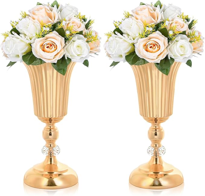 2PCS Gold Metal Wedding Flower Trumpet Stripe Vases Crystal Table Centerpieces for Artificial Flower Arrangements for Anniversary Celebration/Wedding/Party/Birthday Event Aisle Home Decor
