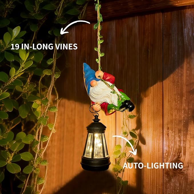 Solar Hanging Gnome Garden Statues Climbing Rope Gnome with LED Lantern Summer Outdoor Decor Tree Hugger Yard Porch Wall Fence Decoration Mother's Day Birthday Gifts for Mom Women
