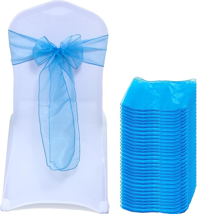 MDS® Pack of 50 Organza Chair Sashes for Wedding Decoration, Reusable Sheer Chair Bows for Banquet Chair Cover, Reception, Bridal Shower, Baby Shower, Birthday Party & Special Events - Blue
